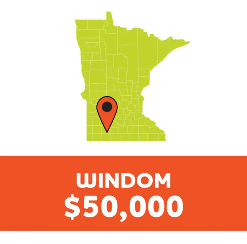 Minnesota map featuring a location pin over Windom and the prize amount of $50,000.