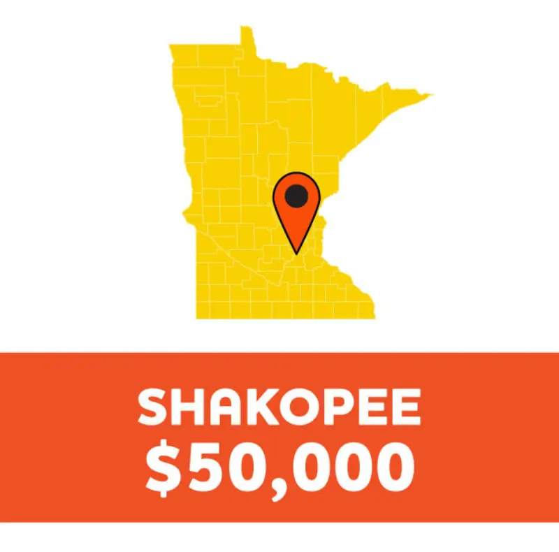 Minnesota map with a location pin over Shakopee and the text: SHAKOPEE $50,000.