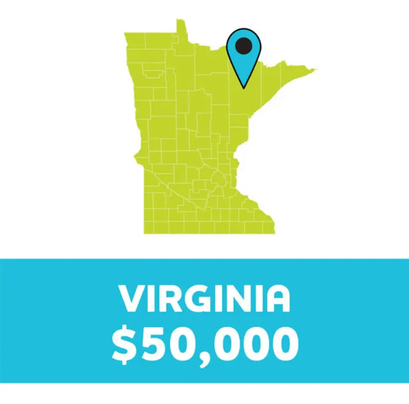 Map highlighting Minnesota in green with a blue pin; below, text reads: "VIRGINIA $50,000" on a blue background.