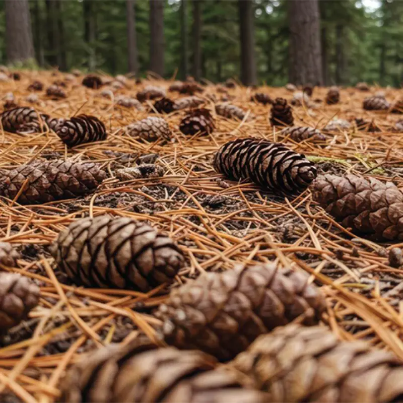 Pine cones scattered on a forest floor with dry needles, tall pine trees blurred in the background—Minnesota woodland scene.