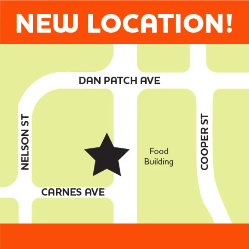 Map marks new Lottery location with black star at Nelson St & Carnes Ave near Food Building; orange banner says NEW LOCATION!.