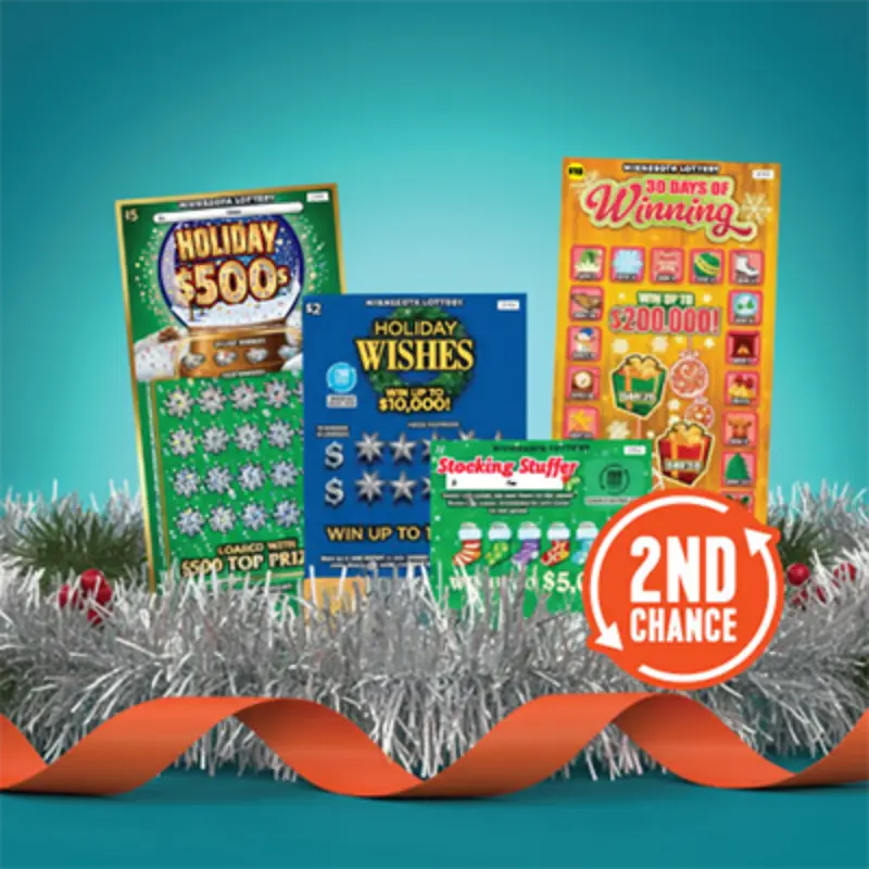 Four festive Minnesota Lottery scratch-off tickets stand behind silver tinsel and orange ribbon, with a "2nd Chance" badge showing.