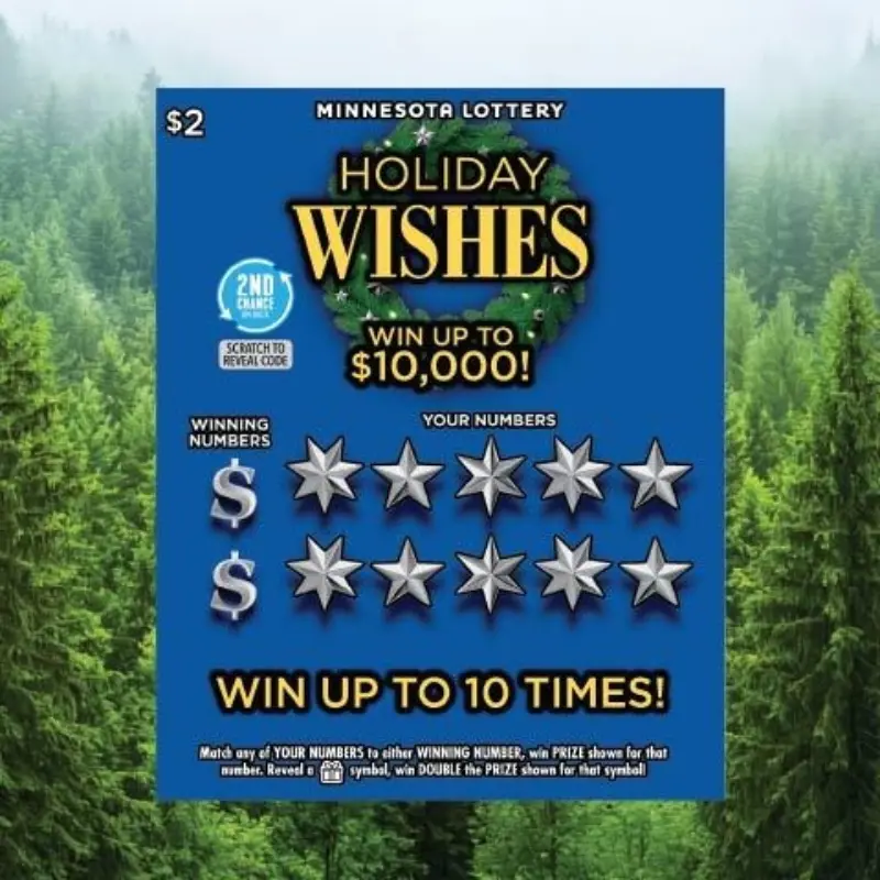 Blue Minnesota Lottery Holiday Wishes scratch-off ticket with silver stars, dollar signs, and prizes up to $10,000 on pine tree background.