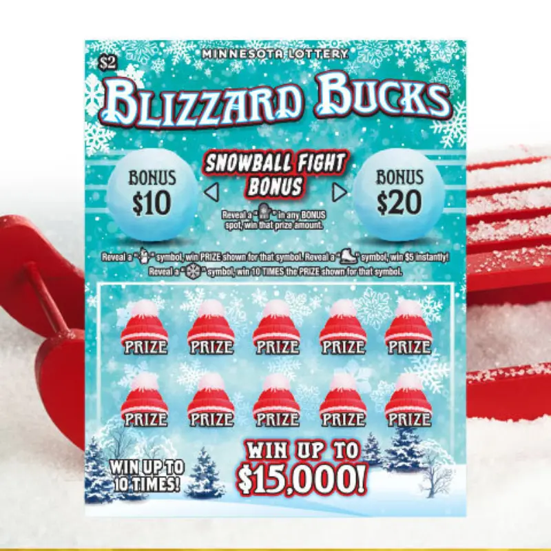 Minnesota Lottery Blizzard Bucks ticket with snow, red sled, snowflakes, bonus spots, prize areas; win up to $15,000.