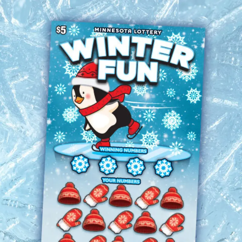 Minnesota Lottery Winter Fun scratch ticket with a skating penguin, snowflakes, and hat and mitten-shaped game symbols.