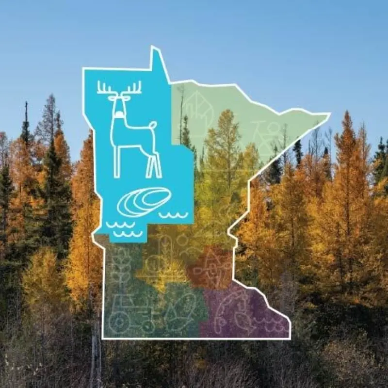 Minnesota’s outline with colorful regions, deer and mussel icons overlays autumn trees and a clear blue sky.