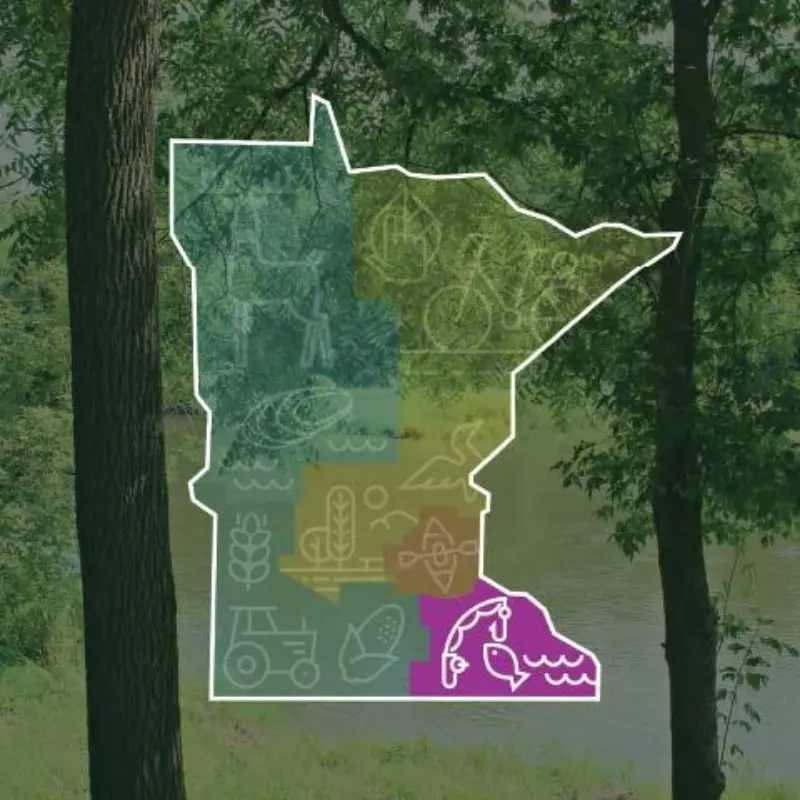 Minnesota outline split into colorful sections with icons for farming, fishing, biking, nature; trees and a river in the background.