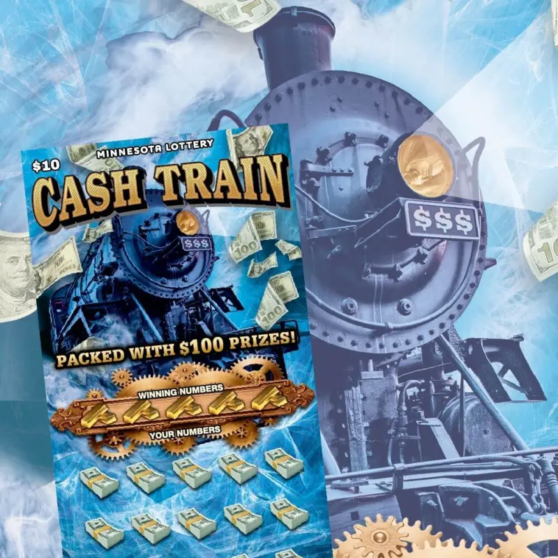 $10 Minnesota Lottery Cash Train ticket shows a steam locomotive with cash, gears, floating money, glowing lights, and dollar signs.