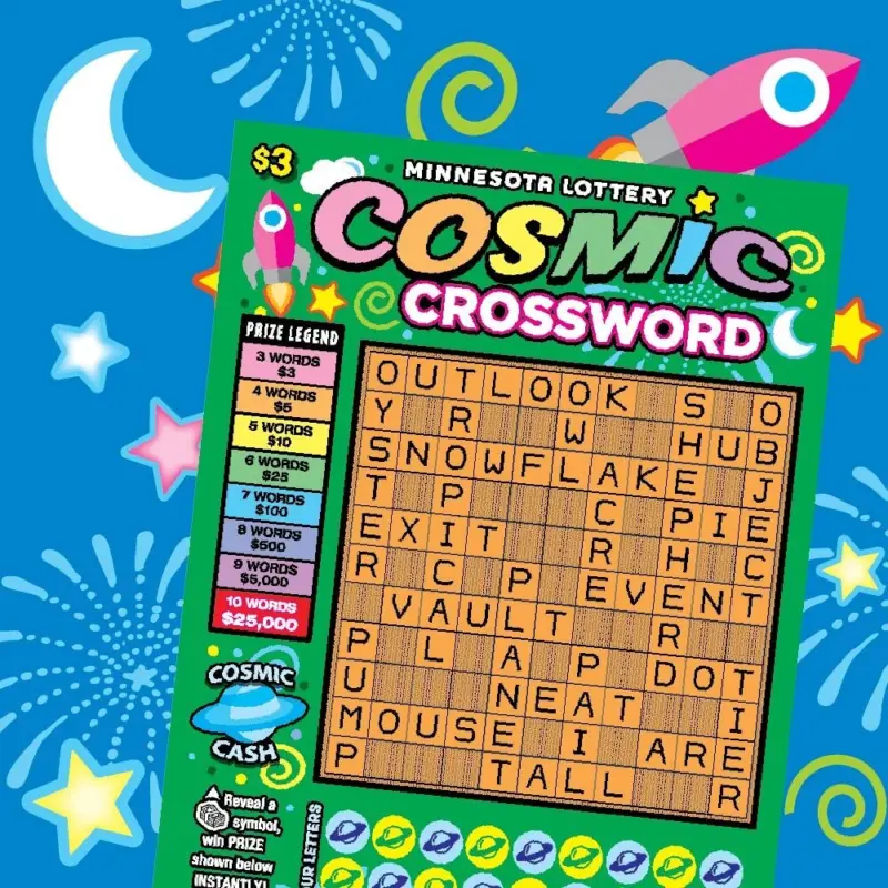 Minnesota Lottery Cosmic Crossword ticket with fireworks, stars, a pink rocket, and grid words like OUTLOOK, SNOWFLAKE, and MOUSE.