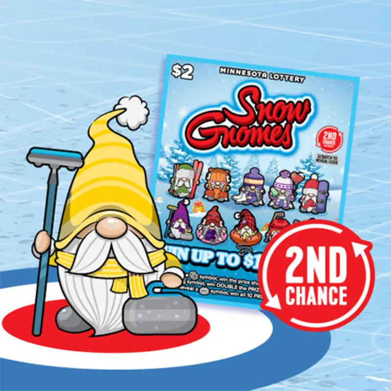 Gnome in yellow hat with curling broom beside Minnesota Lottery Snow Gnomes ticket, 2nd Chance badge, and curling target behind.