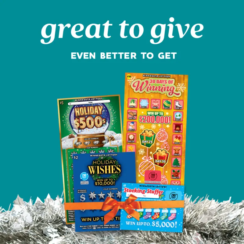 Minnesota Lottery holiday scratch-offs above silver tinsel with “great to give, even better to get” on a teal background.