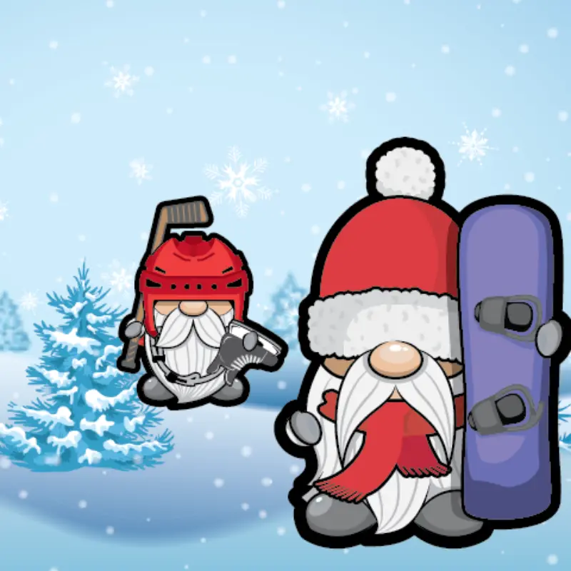 Two cartoon gnomes in snow: one in hockey gear with stick, the other with a Santa hat and purple snowboard as snowflakes fall.