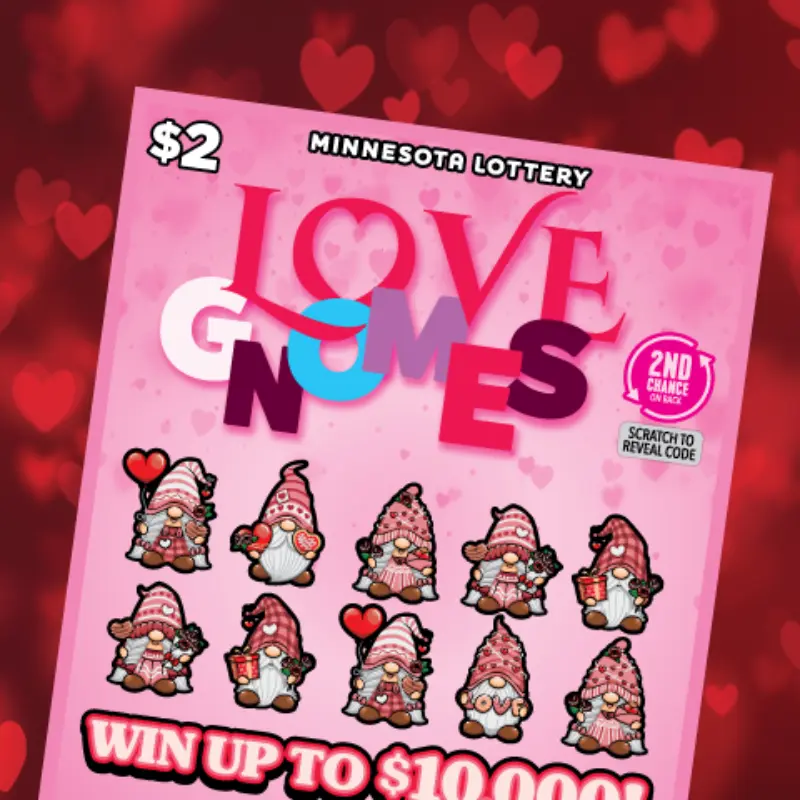 Pink Minnesota Lottery Love Gnomes $2 ticket with cartoon gnomes, hearts, gifts; top prize up to $10,000.
