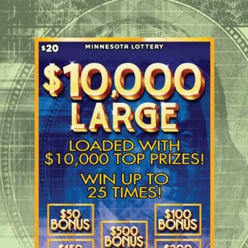Minnesota Lottery $10,000 Large scratch-off: $10,000 top prize, $20 ticket, win up to 25 times, multiple bonus spots shown.