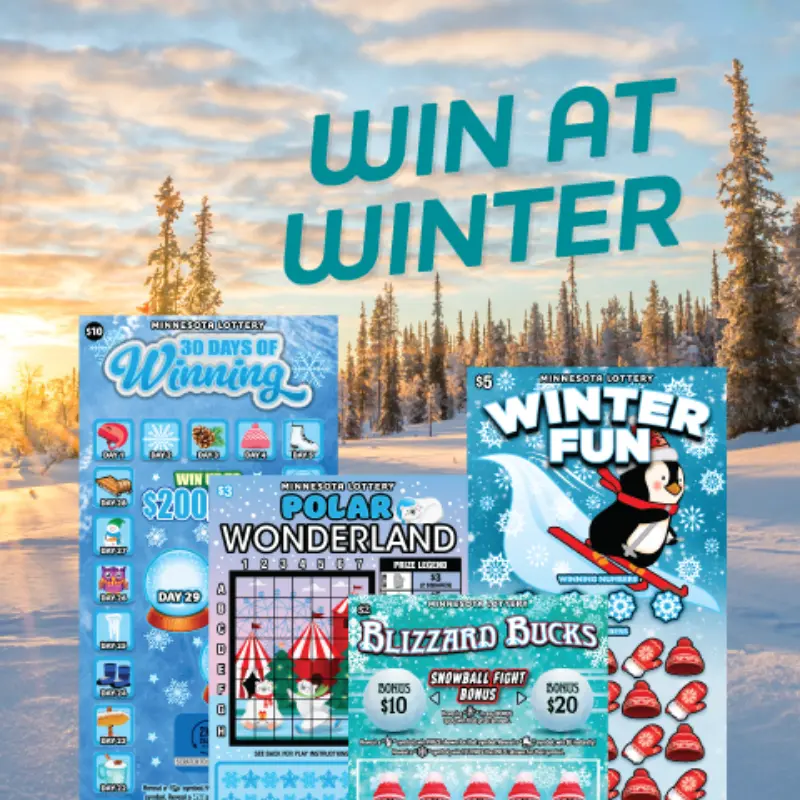 Three Minnesota Lottery winter scratch-off tickets in front of snowy pines, with "WIN AT WINTER" in bold teal above.
