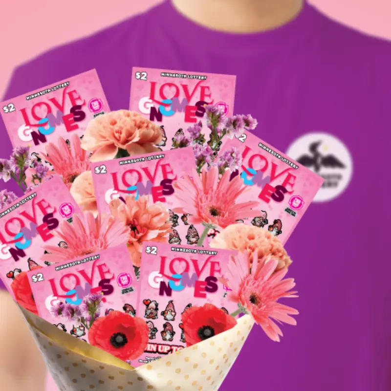 Person in purple shirt holds a bouquet of pink flowers and Love Gnomes $2 scratch-off tickets against a soft pink background.