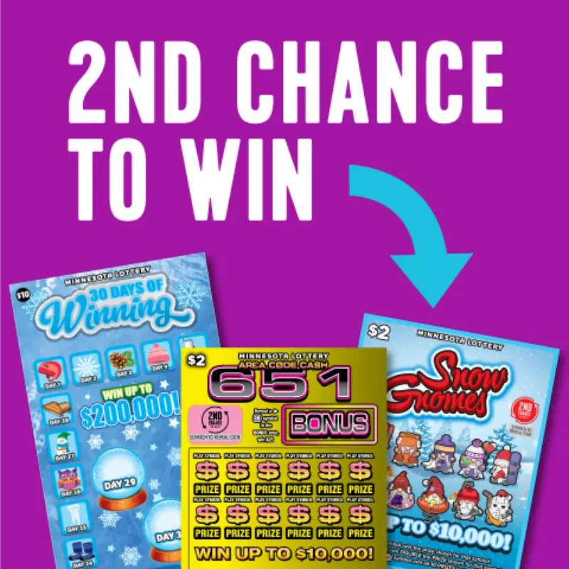 Minnesota Lottery scratch-off tickets on a purple background, "2ND CHANCE TO WIN" above, blue arrow points to the rightmost ticket.