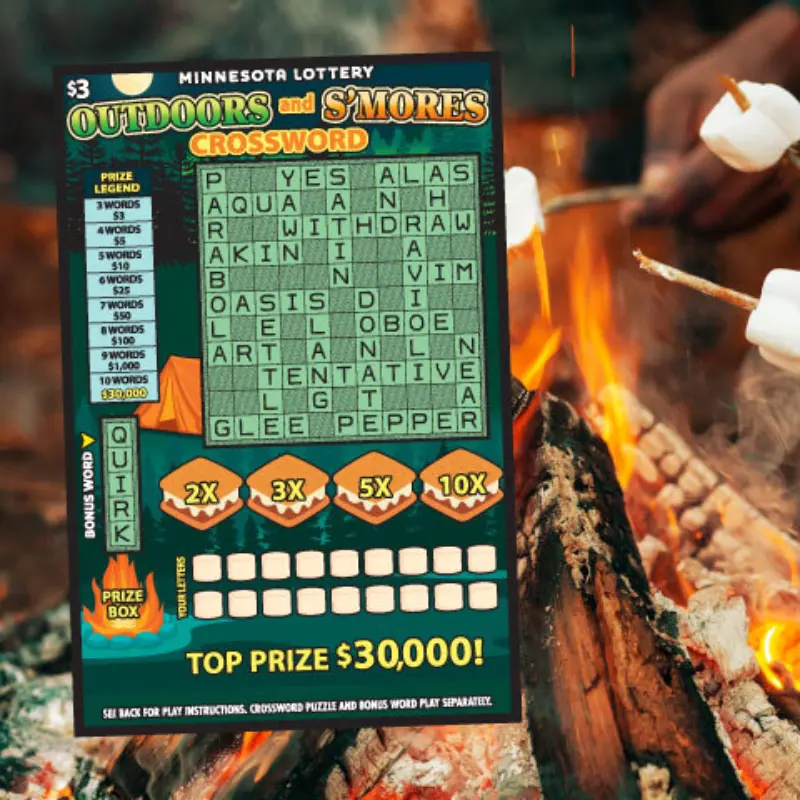 A Minnesota Lottery Outdoors and S’mores Crossword ticket held over a campfire with roasting marshmallows, showing words and $30,000 prize.