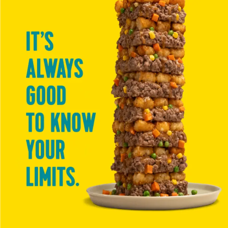 Layered tater tots, beef, peas, carrots, and corn on a plate. Blue text: "ITS ALWAYS GOOD TO KNOW YOUR LIMITS" on yellow background.