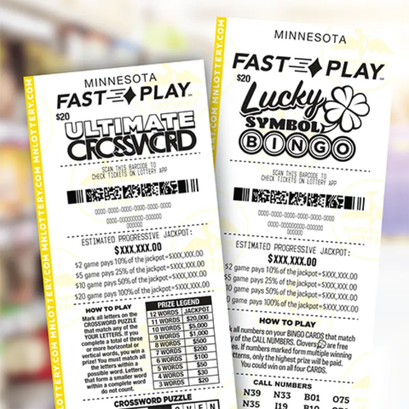 Close-up of two $20 Minnesota Fast Play tickets: Ultimate Crossword and Lucky Symbol Bingo, showing game details and instructions.