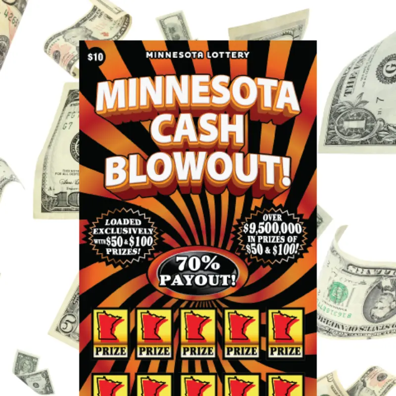 Minnesota Cash Blowout ticket with bright orange-yellow text, falling dollar bills, 70% payout, and $50 or $100 prize highlights.