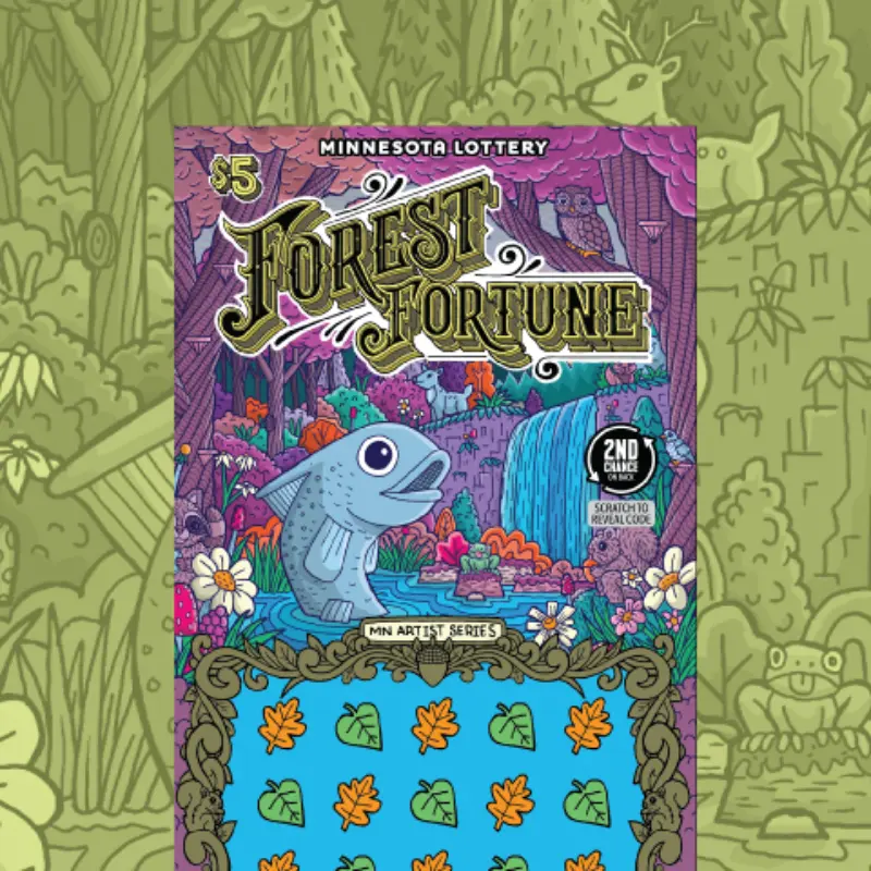Minnesota Lottery’s Forest Fortune scratch card with a smiling fish, vibrant forest scene, waterfall, and orange-green leaf scratch area.