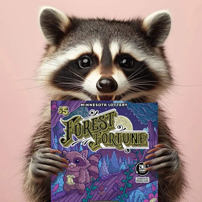 A raccoon holds a $5 Minnesota Lottery Forest Fortune scratch-off ticket featuring a forest and bear, set against a light pink background.