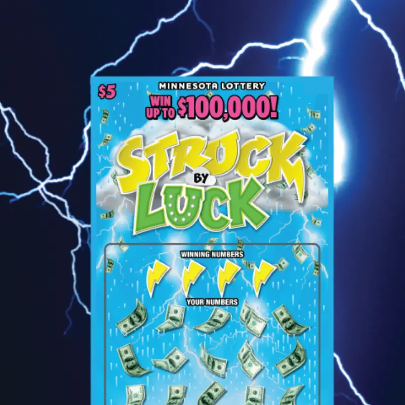 Minnesota Lottery’s blue Struck by Luck scratch-off shows dollar bills, clouds, and lightning. $5 ticket; top prize: $100,000.