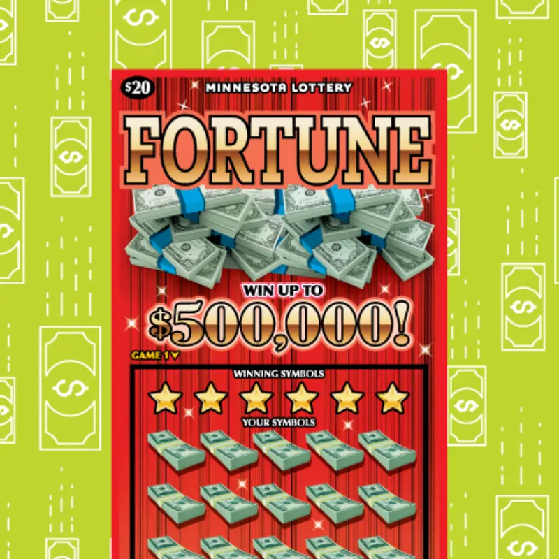 Minnesota Lottery Fortune scratch-off ticket shows cash stacks, stars, and green bills on red, offering a top prize of $500,000.