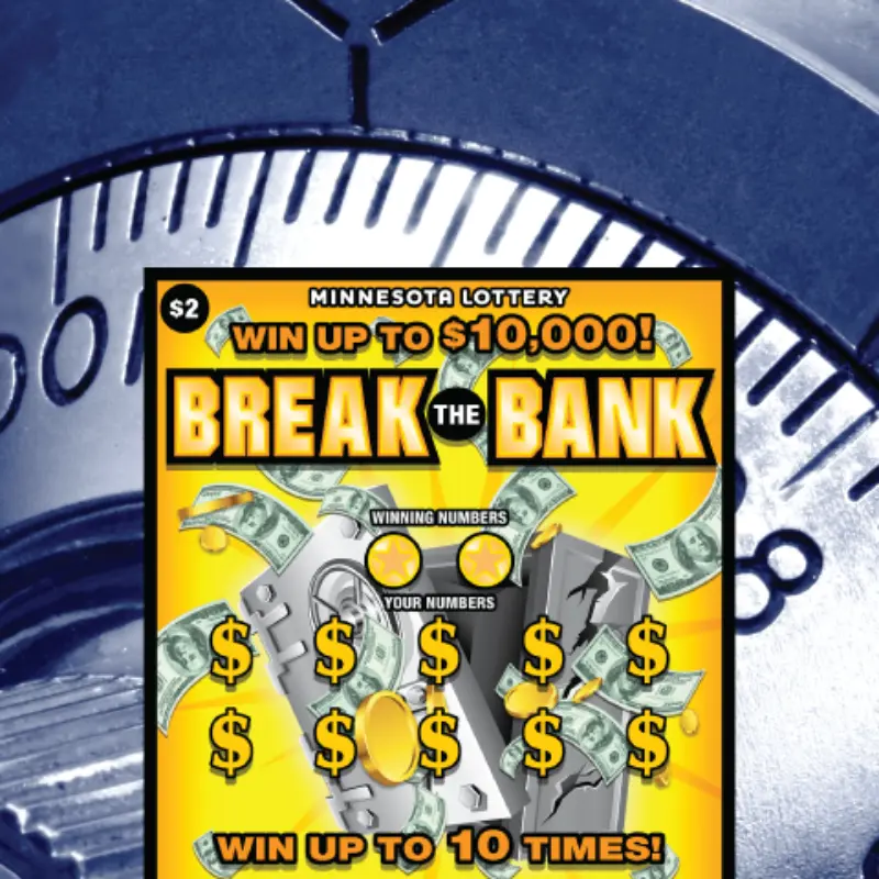 Minnesota Lottery Break the Bank ticket shown before a safe dial, with dollar signs, flying money, and a $10,000 top prize.