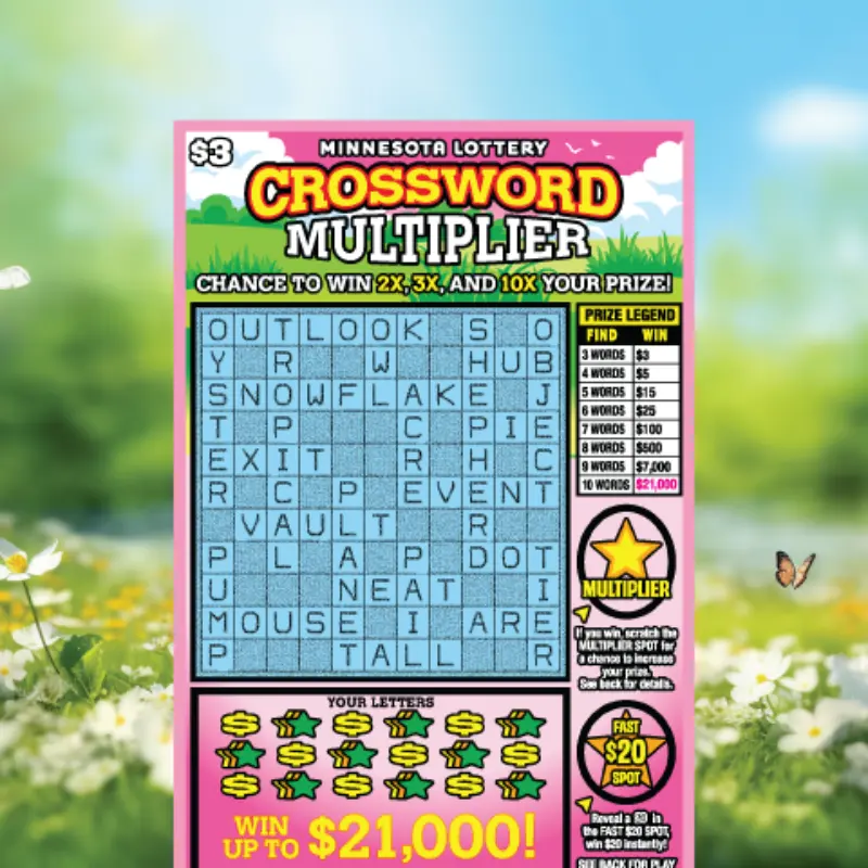 Minnesota Lottery Crossword Multiplier ticket on grass with flowers; features crossword grid, prize legend, multiplier, and $21,000 top prize.