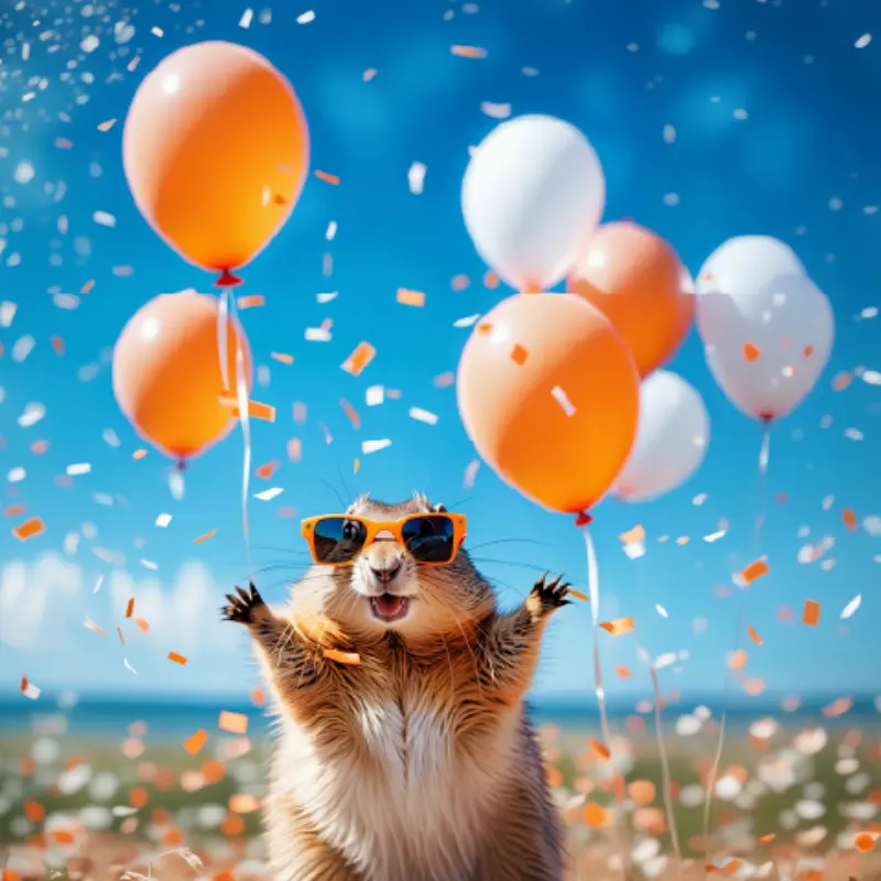A happy hamster in orange sunglasses raises its paws amid orange, white balloons, and confetti under a bright blue sky.