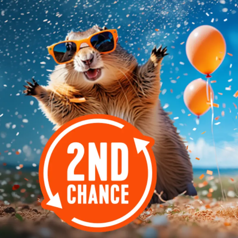A cheerful groundhog in orange sunglasses celebrates with balloons, confetti, and a bold orange 2ND CHANCE sign with circular arrows.