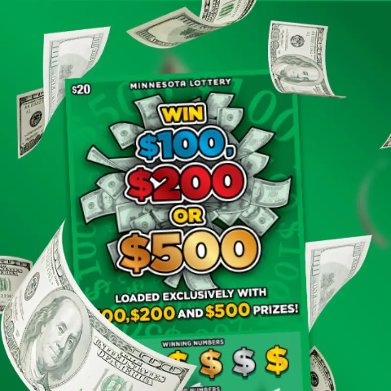 Minnesota Lottery scratch-off ticket showing “Win $100, $200 or $500,” with floating $100 bills on a green background.