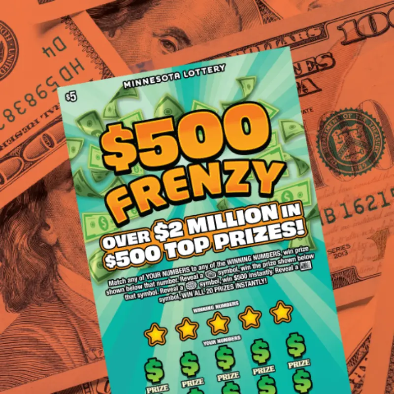 Minnesota Lottery $500 Frenzy scratch-off sits on $100 bills, highlighting $2M+ in $500 prizes with instructions at the bottom.