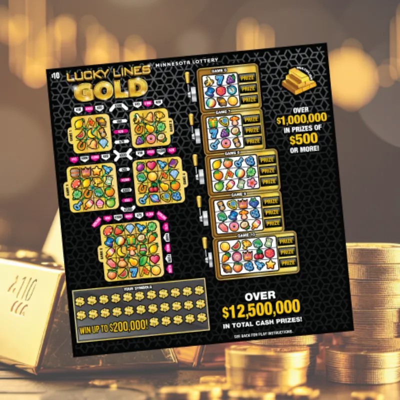 Minnesota Lottery Lucky Lines Gold scratch-off ticket stands upright with gold bars, coins, colorful grids, and prize boxes visible.