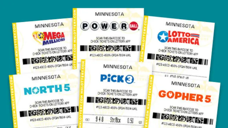 Six Minnesota lottery tickets—Mega Millions, Powerball, Lotto America, North 5, Pick 3, and Gopher 5—are arranged on a teal background.