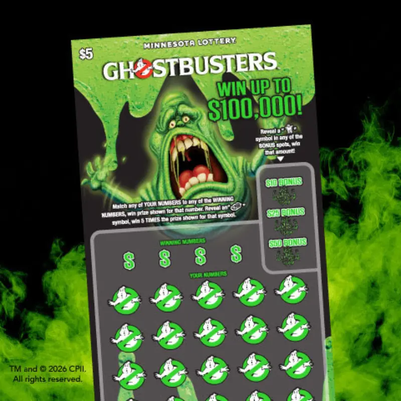 $5 Ghostbusters Minnesota Lottery scratch ticket with Slimer, green smoke, ghost icons, and a top prize of $100,000.