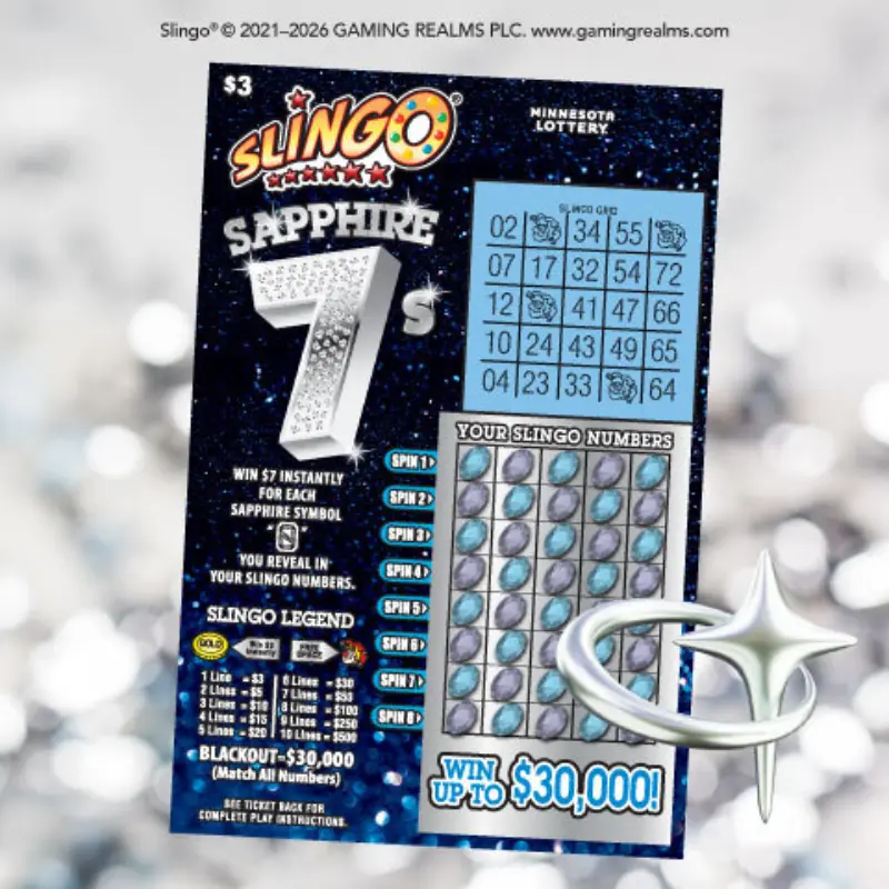 Minnesota Lottery Slingo Sapphire 7s scratch-off with blue background, silver circles, “Win up to $30,000!” and a shining sapphire icon.