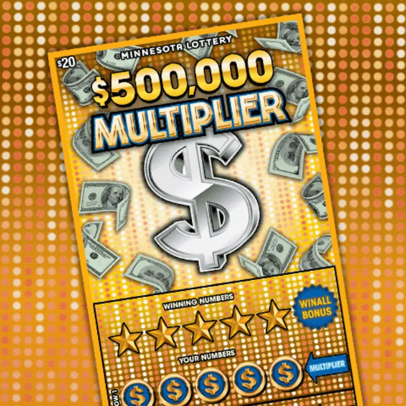 $20 Minnesota Lottery $500,000 Multiplier scratch-off with dollar sign, flying money, gold stars, and sections for numbers and win-all bonus.