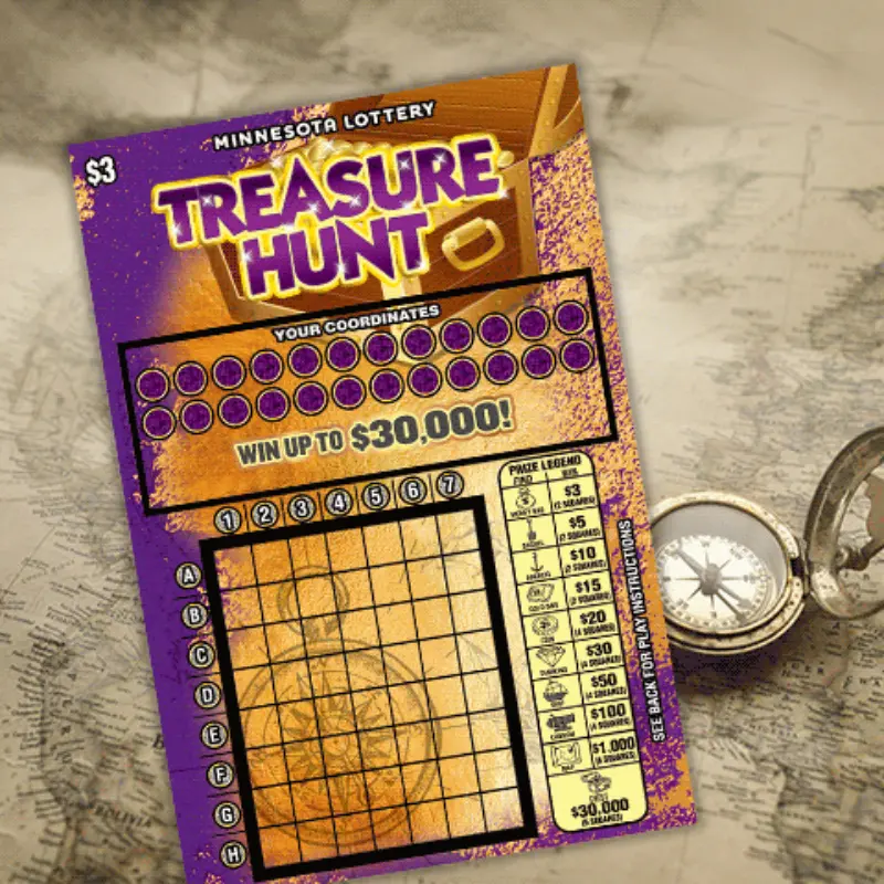 Minnesota Lottery Treasure Hunt ticket on a vintage map beside a silver compass, showing prize legend and top $30,000 prize.