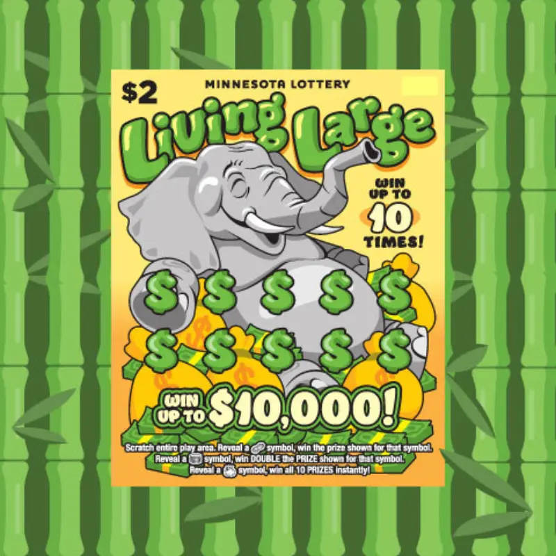 Minnesota Lottery Living Large ticket with cartoon elephant, gold piles, dollar signs, and a top prize of $10,000.