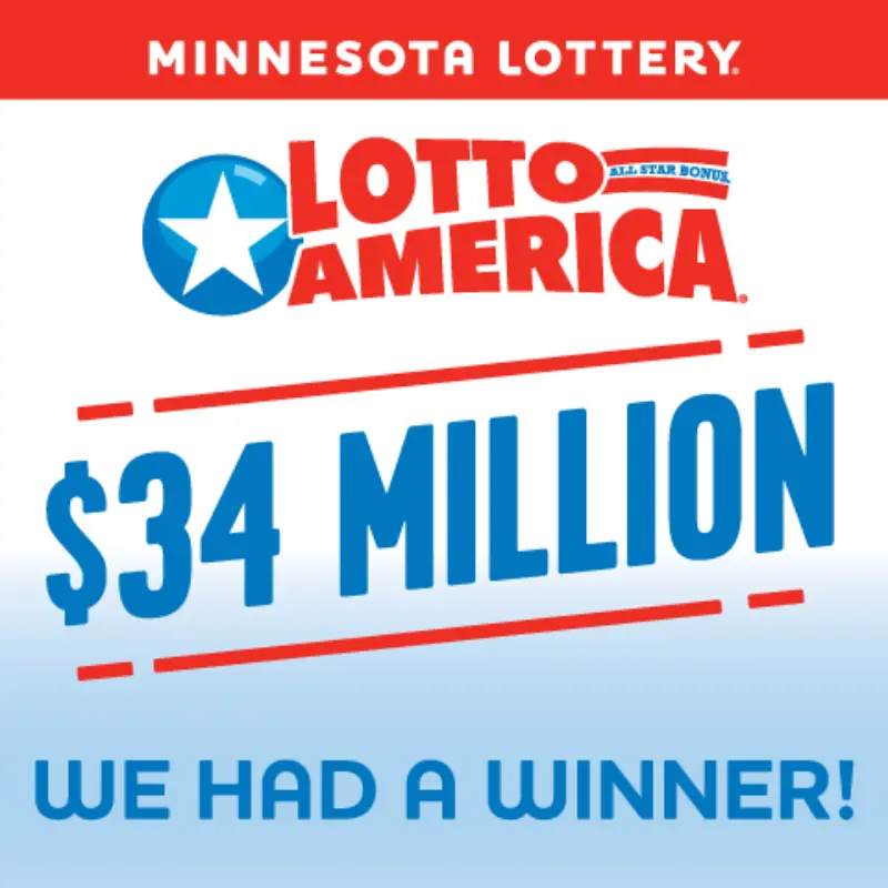 Minnesota Lottery Lotto America sign displays $34 million jackpot and “We had a winner!” with blue star logo on a white and blue background.