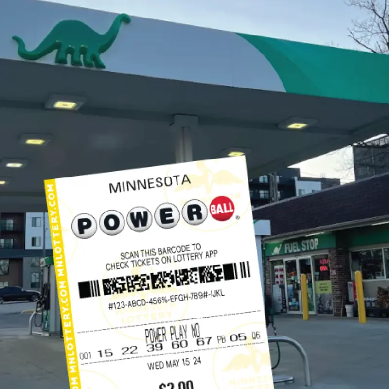 A Minnesota Powerball ticket held up outside a Sinclair gas station with the green dinosaur logo and FUEL STOP sign visible.