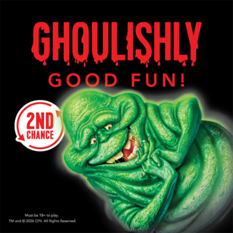 Smiling green ghost on black background with bold red text “Ghoulishly Good Fun!”, 2nd Chance badge, and small white text below.