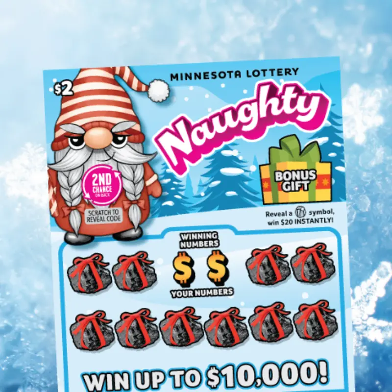 Minnesota Lottery Naughty scratch card with gnome in red stripes, Bonus Gift area, prize bags, snowflake background. Top prize: $10,000.