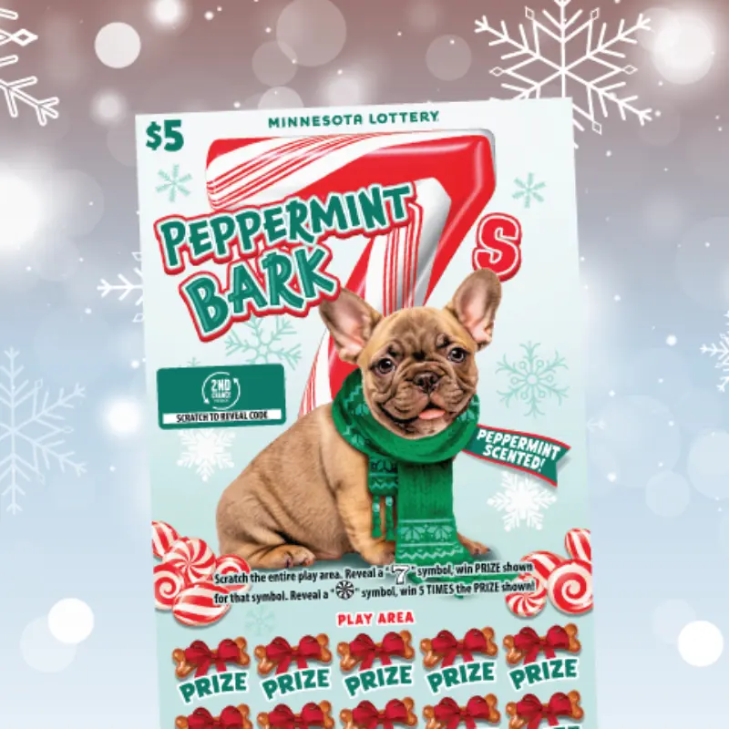Peppermint Bark 7s Minnesota Lottery ticket with a French Bulldog in a green scarf, candy canes, snowflakes, and holiday-themed graphics.