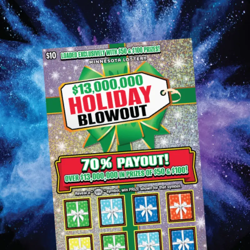 Minnesota Lottery $13,000,000 Holiday Blowout scratch ticket featuring festive gifts on a sparkling blue and purple cosmic background.