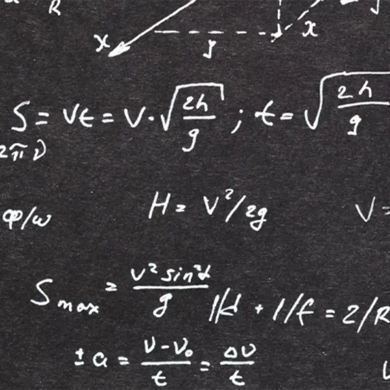White handwritten equations and math symbols are scattered across a black chalkboard background.