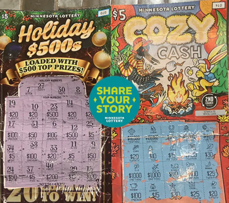 Two Minnesota Lottery scratch-offs: Holiday $500s partially scratched, Cozy Cash with campfire illustration. Blue sticker reads "Share Your Story.